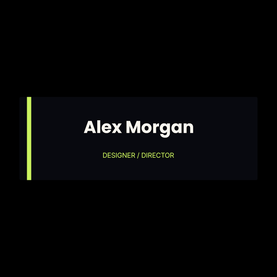 Illustrative lower third: Alex Morgan with a role line and accent rule.